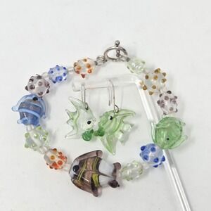 Artisan Handmade Lampwork Glass Bead Bracelet, Earrings Set Tropical Fish Beachy
